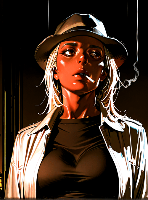 woman, hat, cigarette, neon sign, cityscape