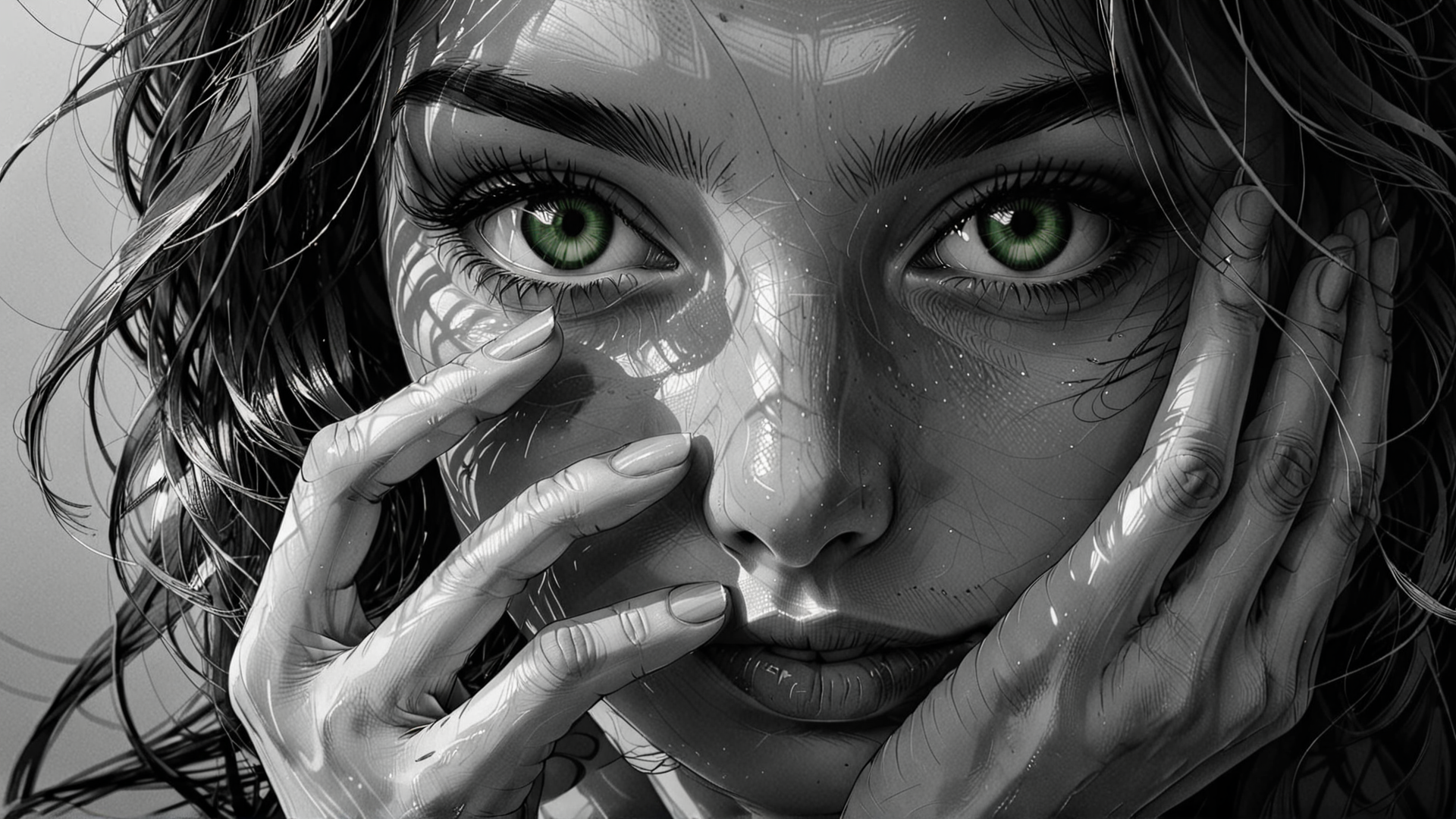 AI generated wallpaper featuring woman, hands, face, hair