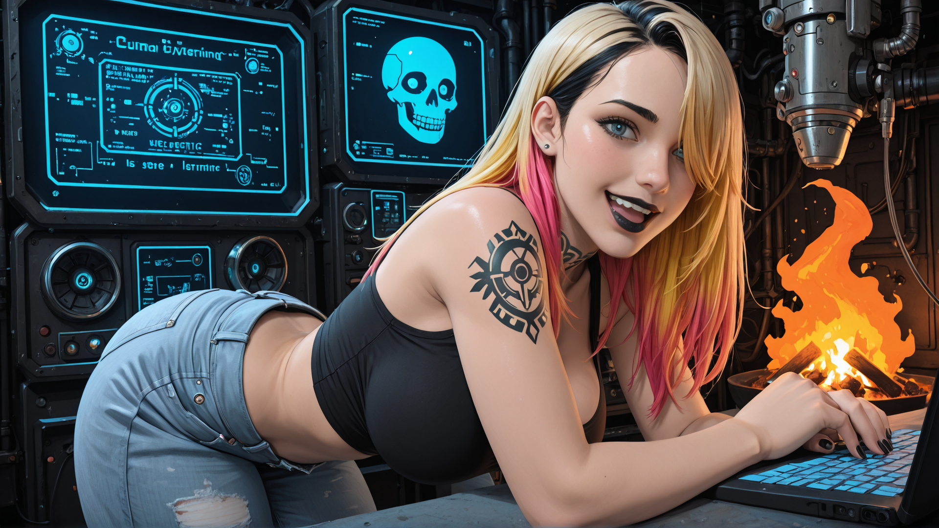 AI generated wallpaper featuring woman, tattoo, computer, screen, fire, jeans, skull