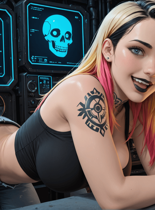woman, tattoo, computer, screen, fire, jeans, skull