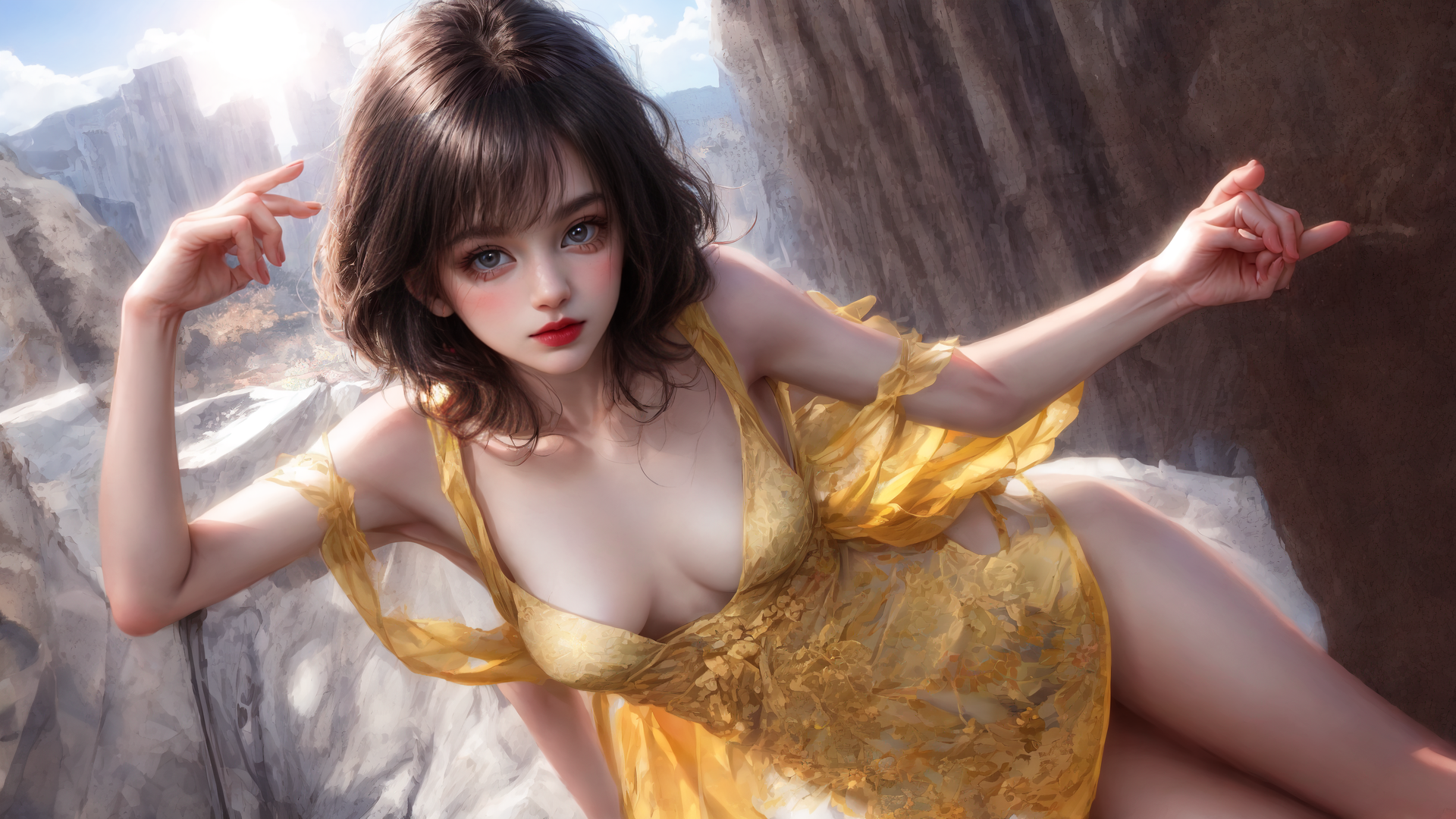 AI generated wallpaper featuring woman, dress, mountain
