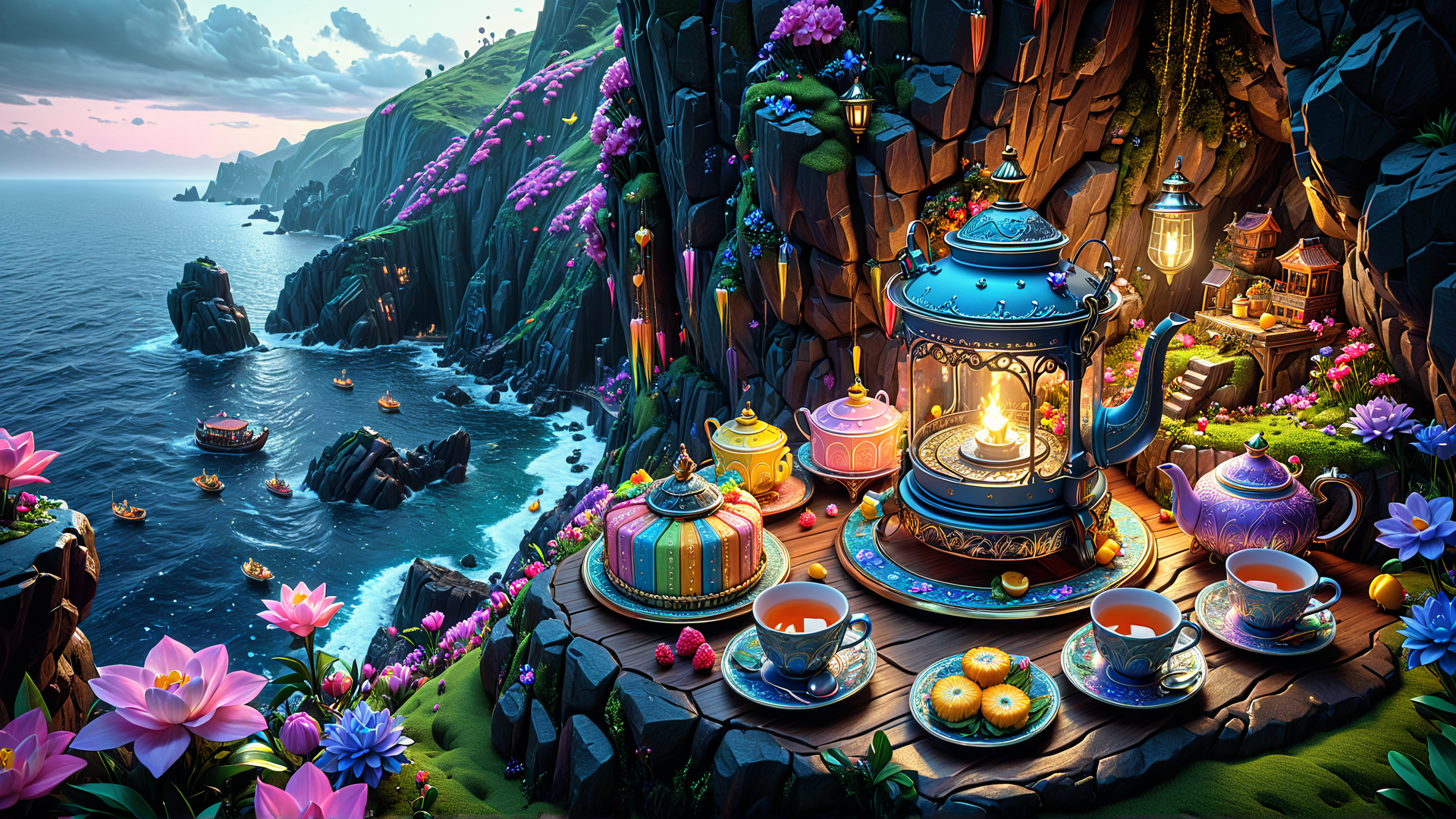 AI generated wallpaper featuring teapot, cliff, ocean