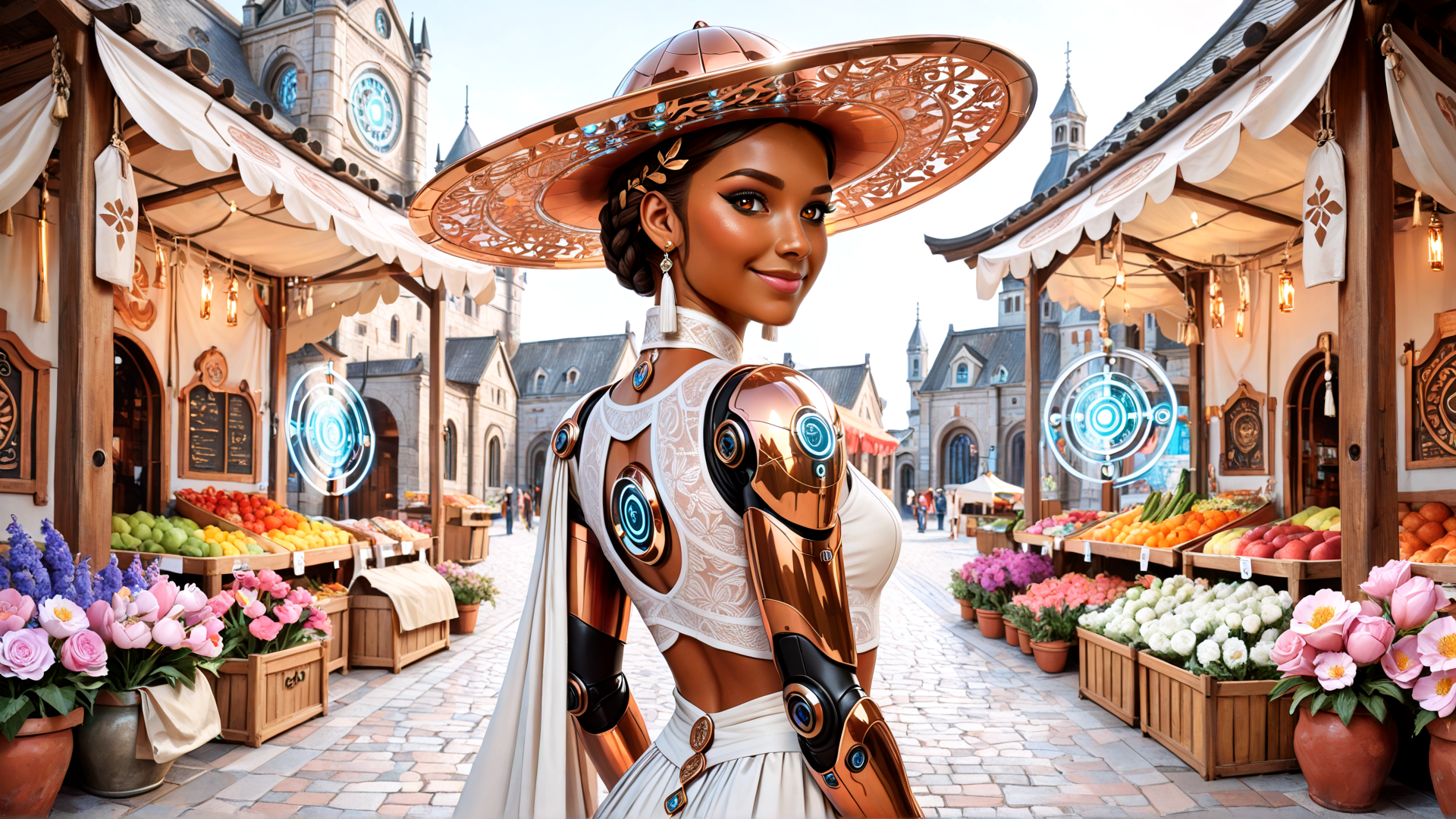 AI generated wallpaper featuring woman, market, flowers, fruit, hat, armor, buildings