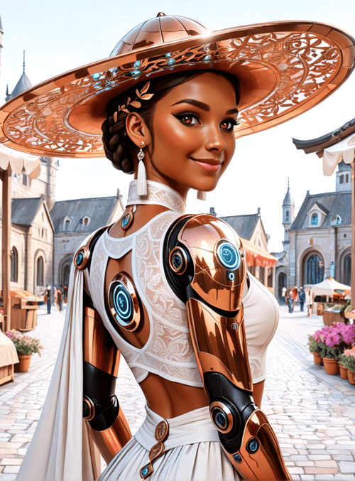 woman, market, flowers, fruit, hat, armor, buildings