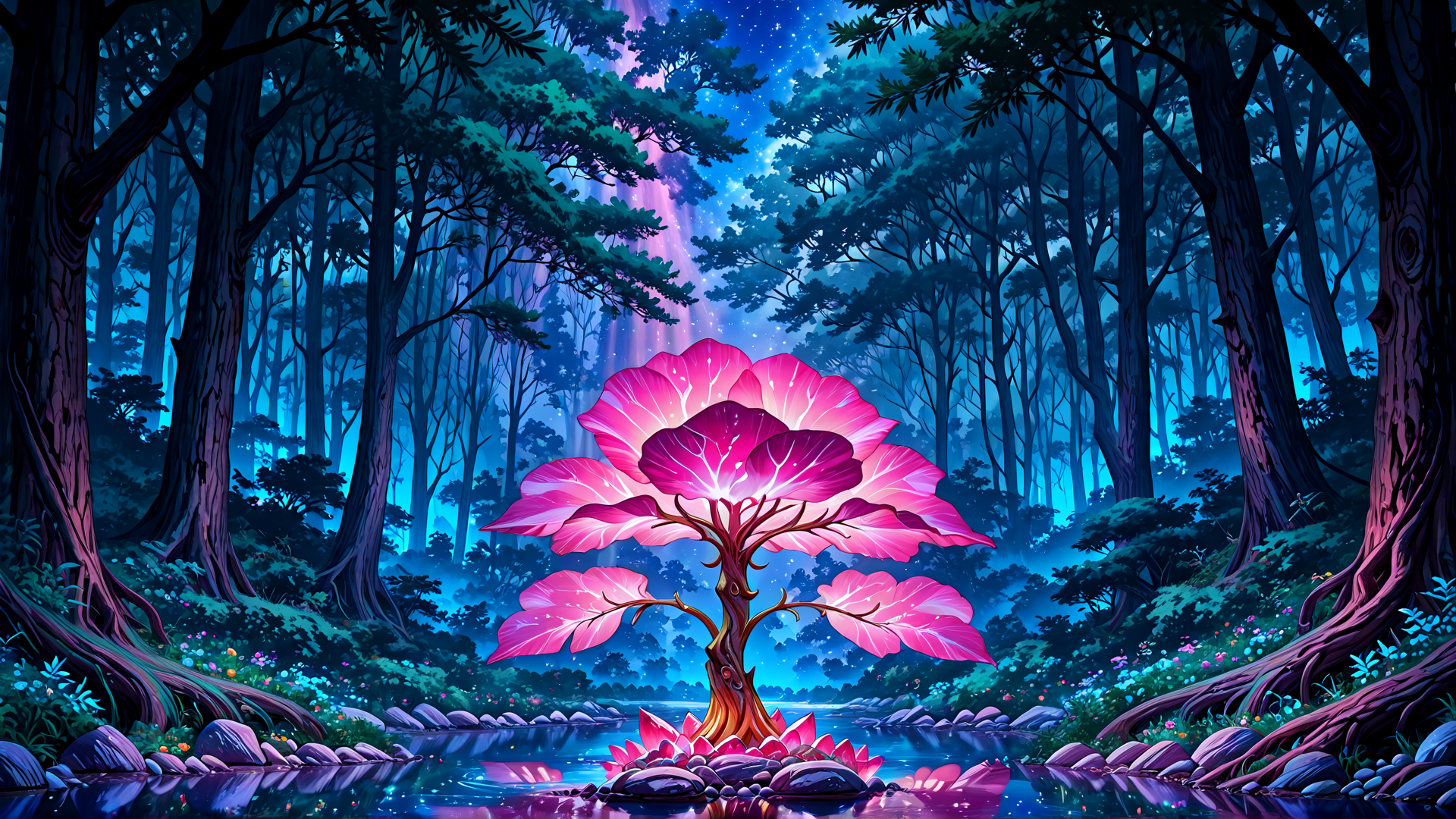 AI generated wallpaper featuring tree, forest, river, lotus, stars, plants, roots, water, glowing, flowers