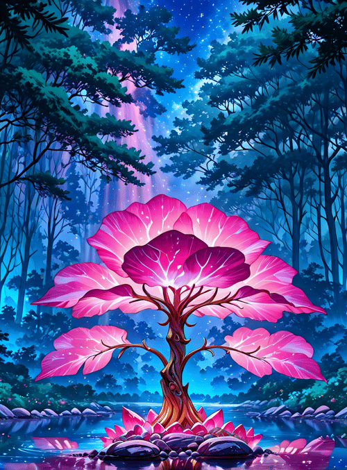 tree, forest, river, lotus, stars, plants, roots, water, glowing, flowers