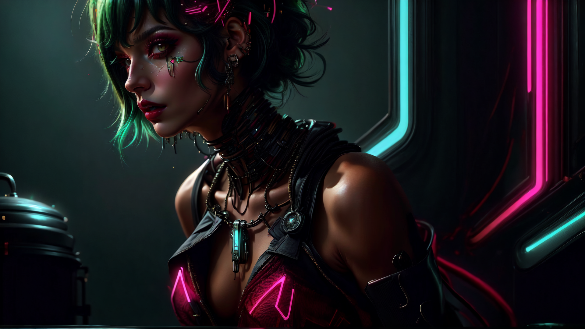 AI generated wallpaper featuring cyborg, neon, femme, gadget, choker, earring, vampire, military, cyberpunk, glow