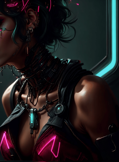 cyborg, neon, femme, gadget, choker, earring, vampire, military, cyberpunk, glow