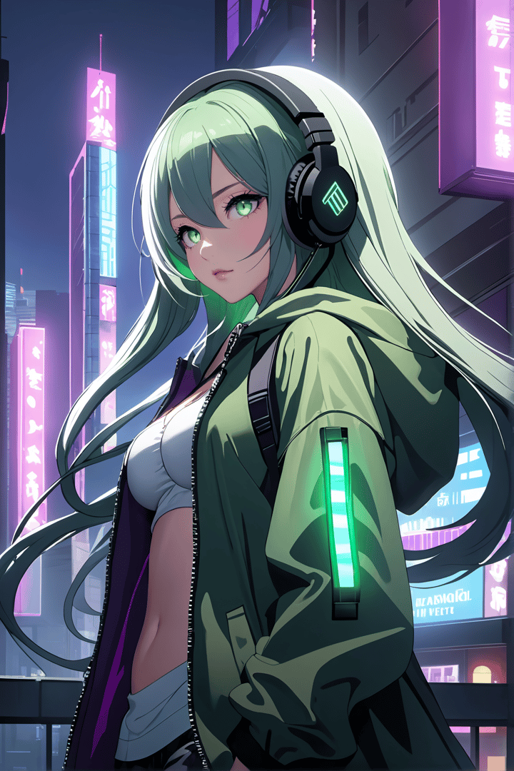 AI generated wallpaper featuring anime, girl, headphones, cityscape, neon, hoodie, long hair