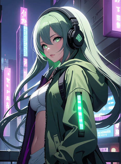 anime, girl, headphones, cityscape, neon, hoodie, long hair