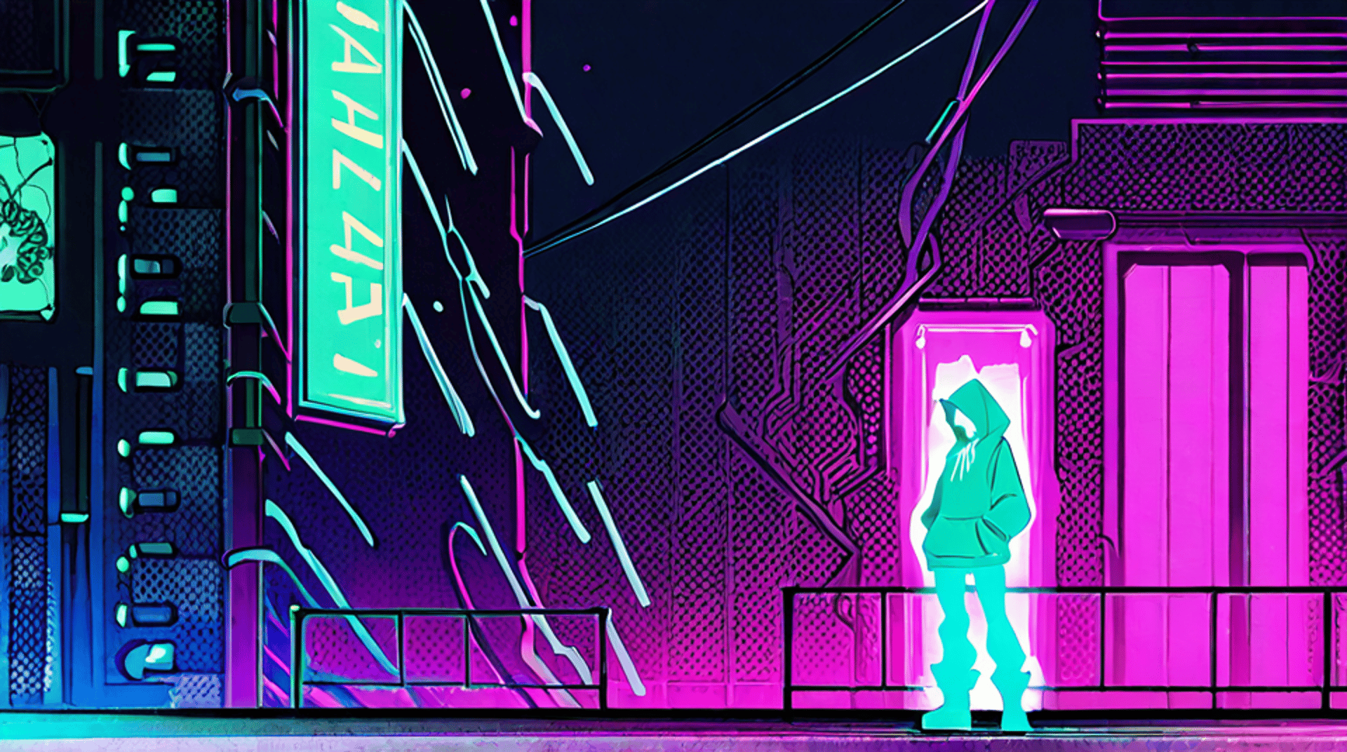 AI generated wallpaper featuring person, neon sign, building