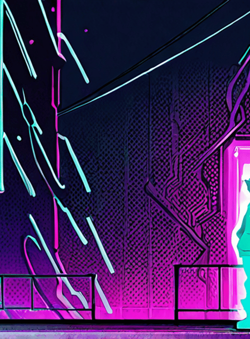 person, neon sign, building