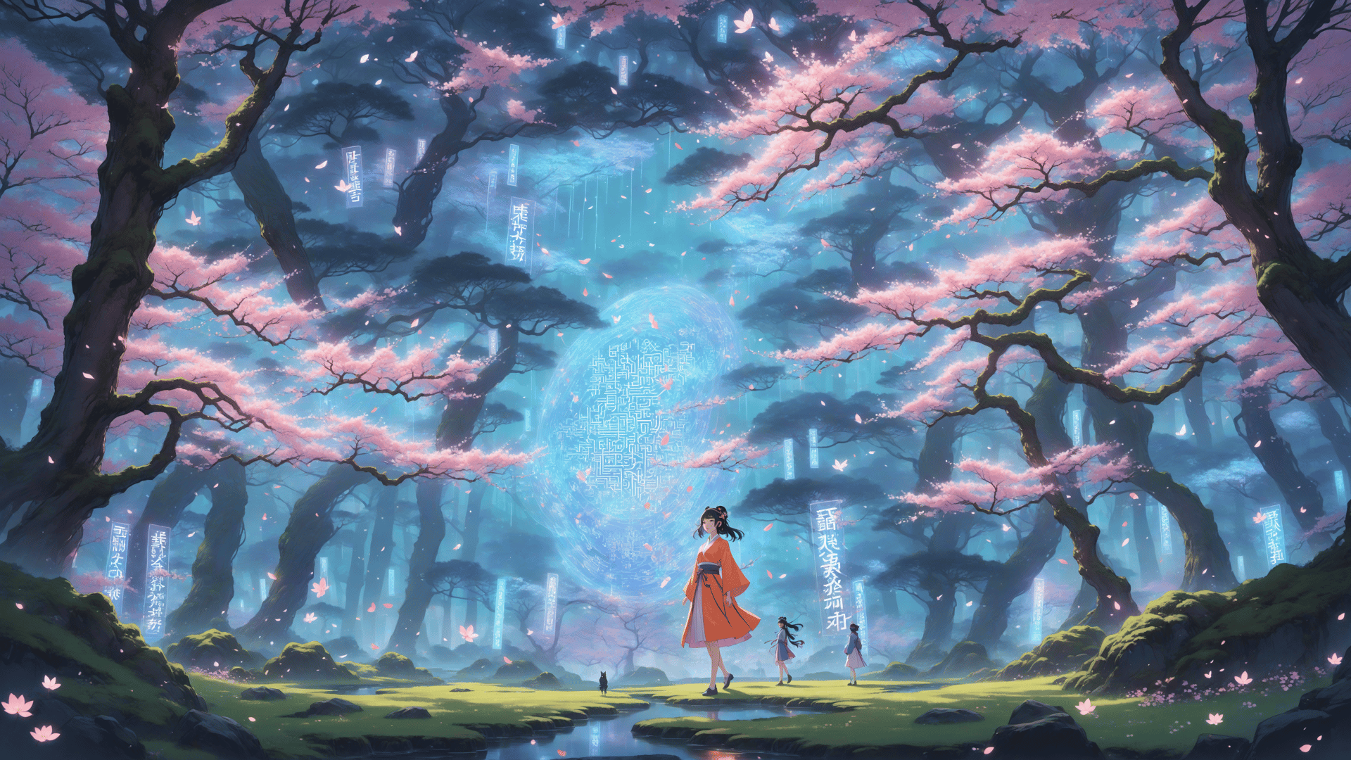 AI generated wallpaper featuring girl, trees, cherry blossom