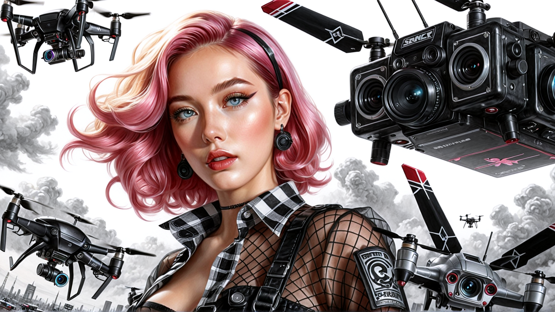 AI generated wallpaper featuring woman, drones, camera, drone, flying, drone, camera drone