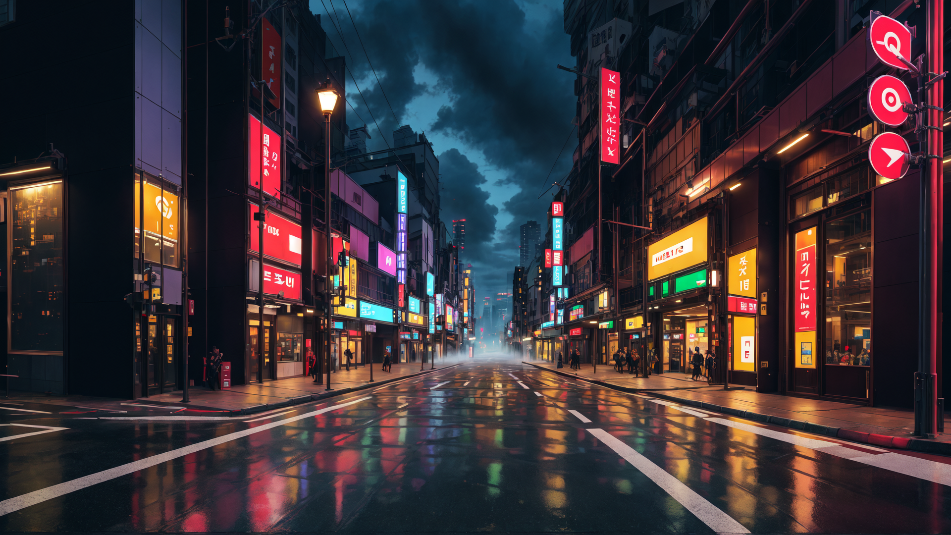 AI generated wallpaper featuring street, neon signs, buildings, cityscape, road, people, signboards, lamp, clouds, reflection