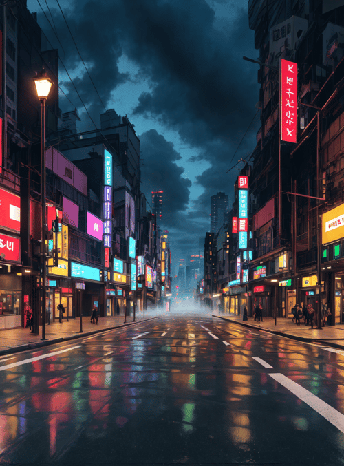 street, neon signs, buildings, cityscape, road, people, signboards, lamp, clouds, reflection