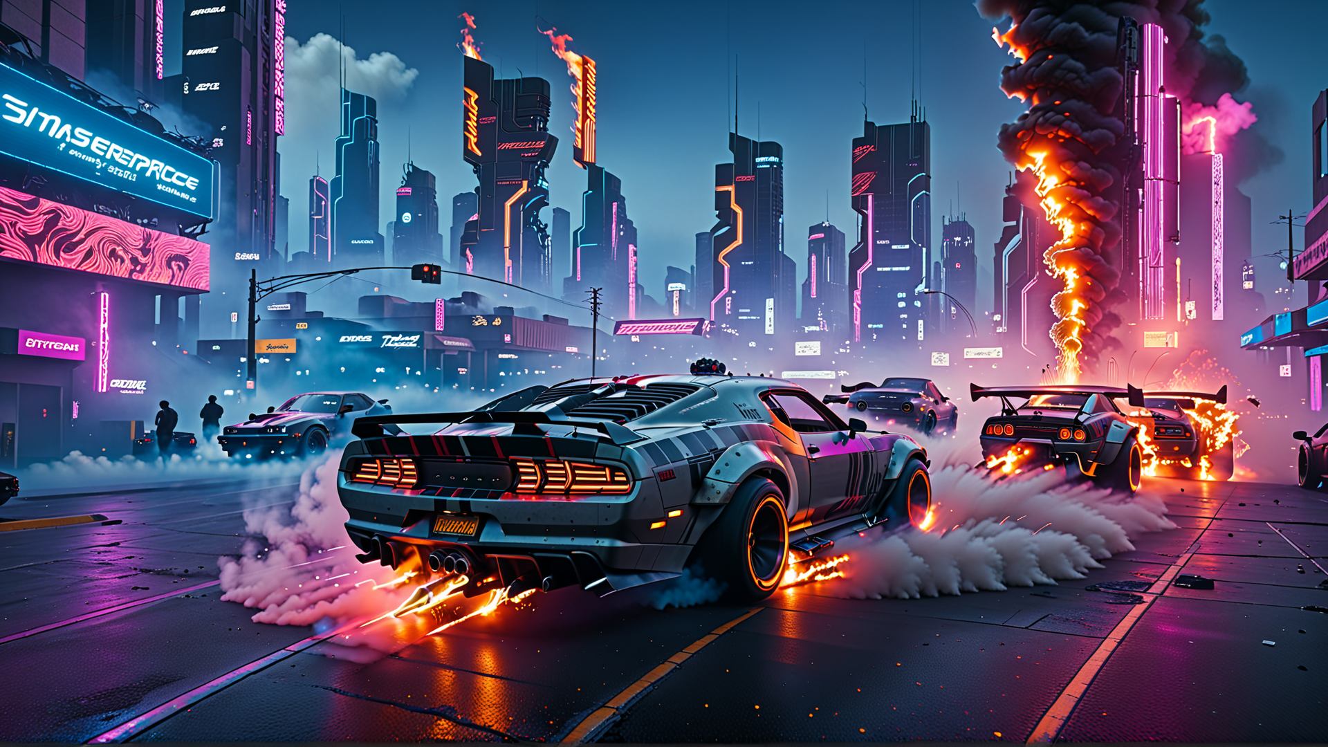 AI generated wallpaper featuring cars, cityscape, neon
