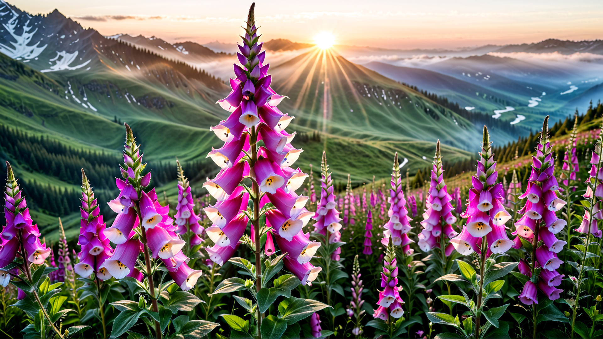 AI generated wallpaper featuring flowers, mountains, sun, landscape, wildflowers, field, hills, trees, valley, sunrise