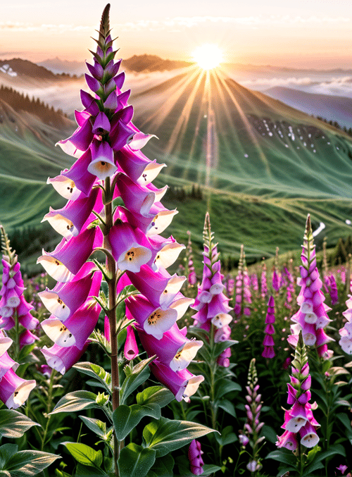 flowers, mountains, sun, landscape, wildflowers, field, hills, trees, valley, sunrise