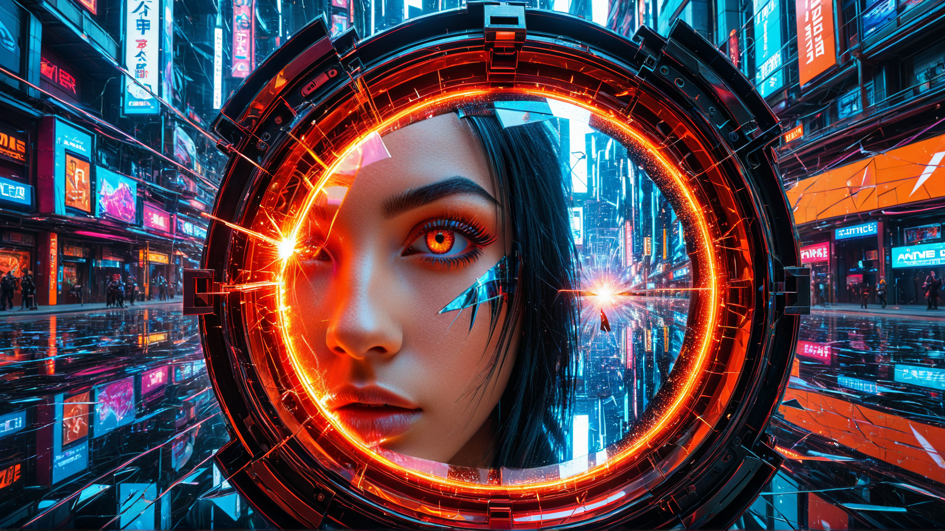 AI generated wallpaper featuring woman, city, cyberpunk, neon, mirror, eye, signs, street, technology, reflection
