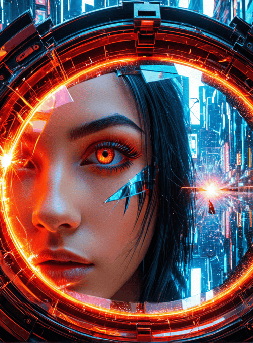 woman, city, cyberpunk, neon, mirror, eye, signs, street, technology, reflection