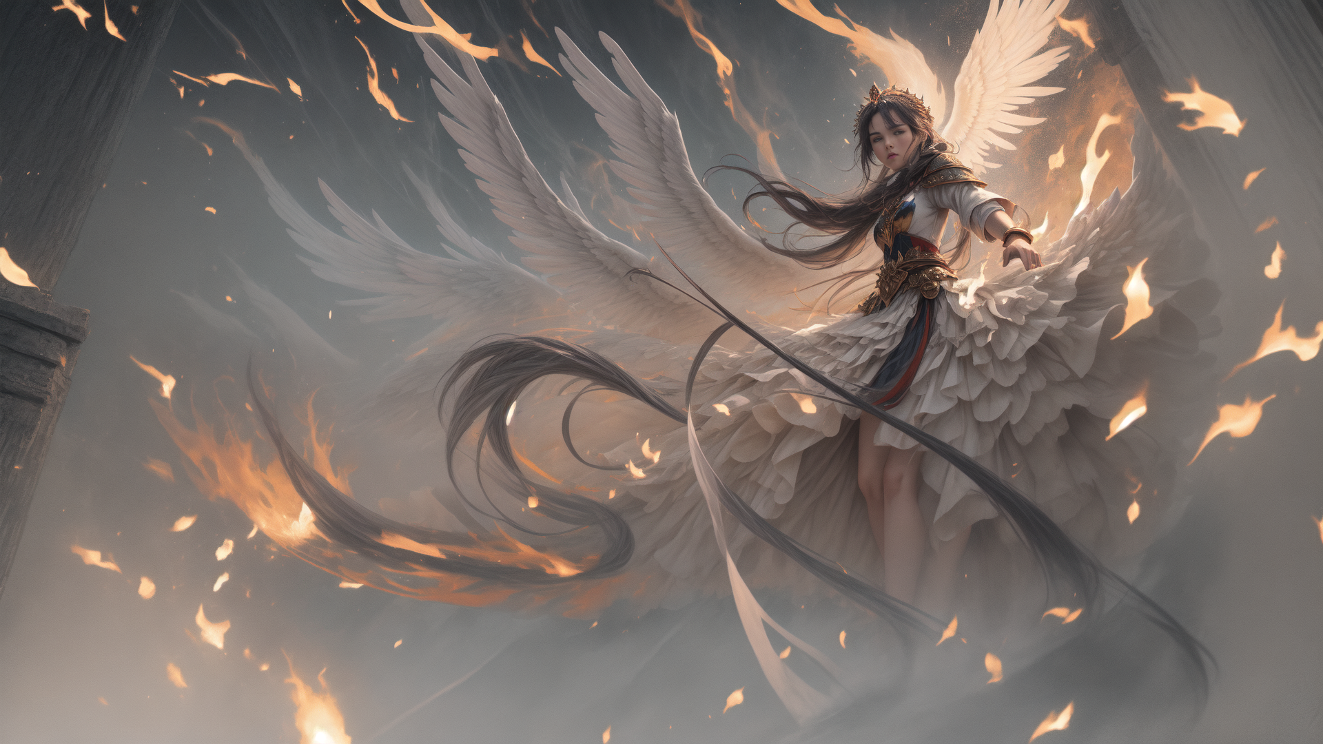AI generated wallpaper featuring angel, woman, fire