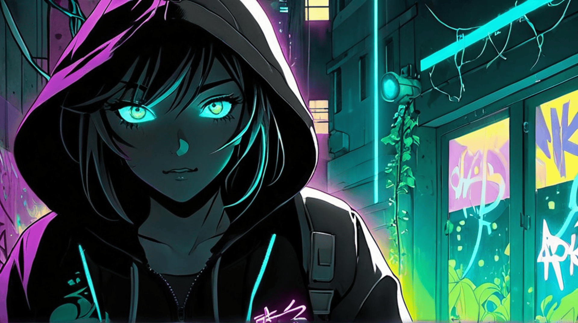AI generated wallpaper featuring girl, hoodie, cyberpunk