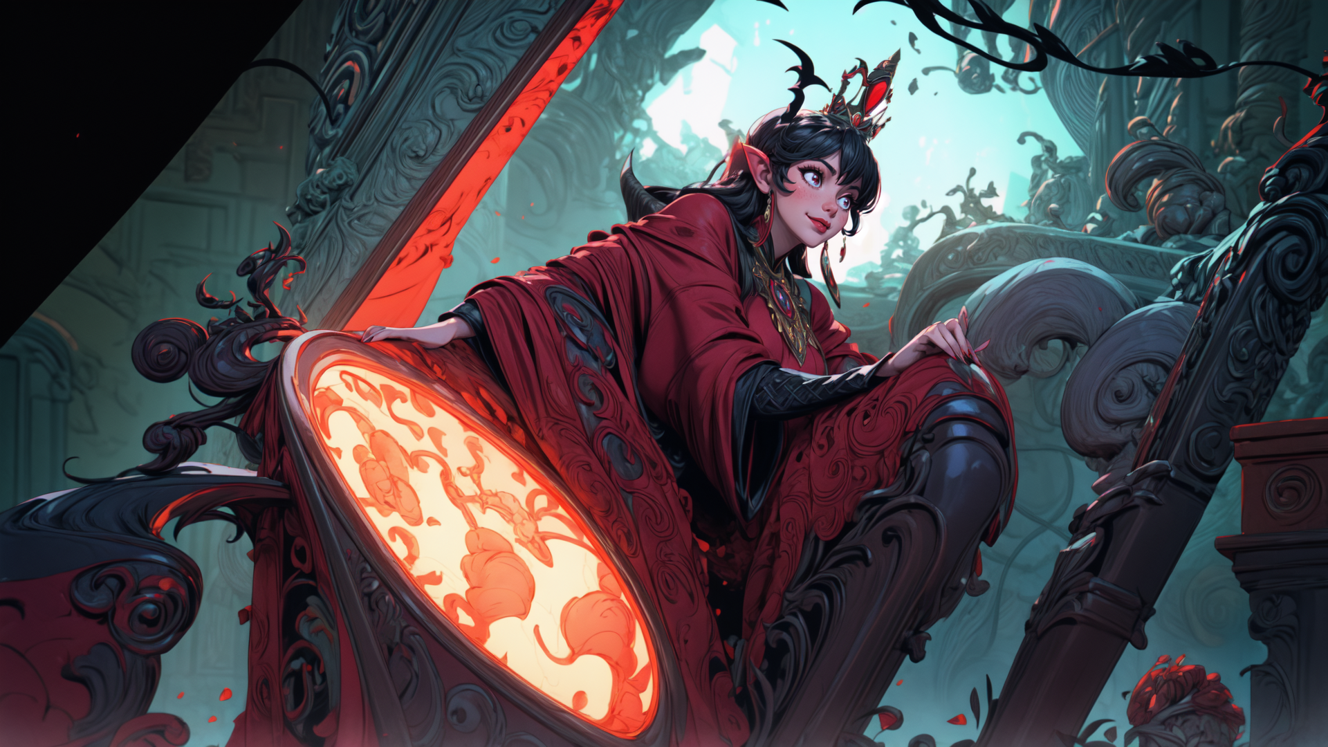 AI generated wallpaper featuring elf, queen, crown, dress, chair, ornament, castle, dragon, fire, flower