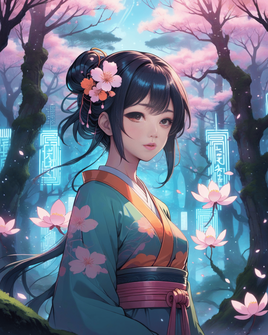 AI generated wallpaper featuring geisha, cherry blossoms, lotus