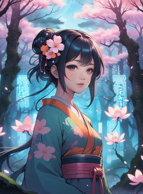 geisha, cherry blossoms, lotus
