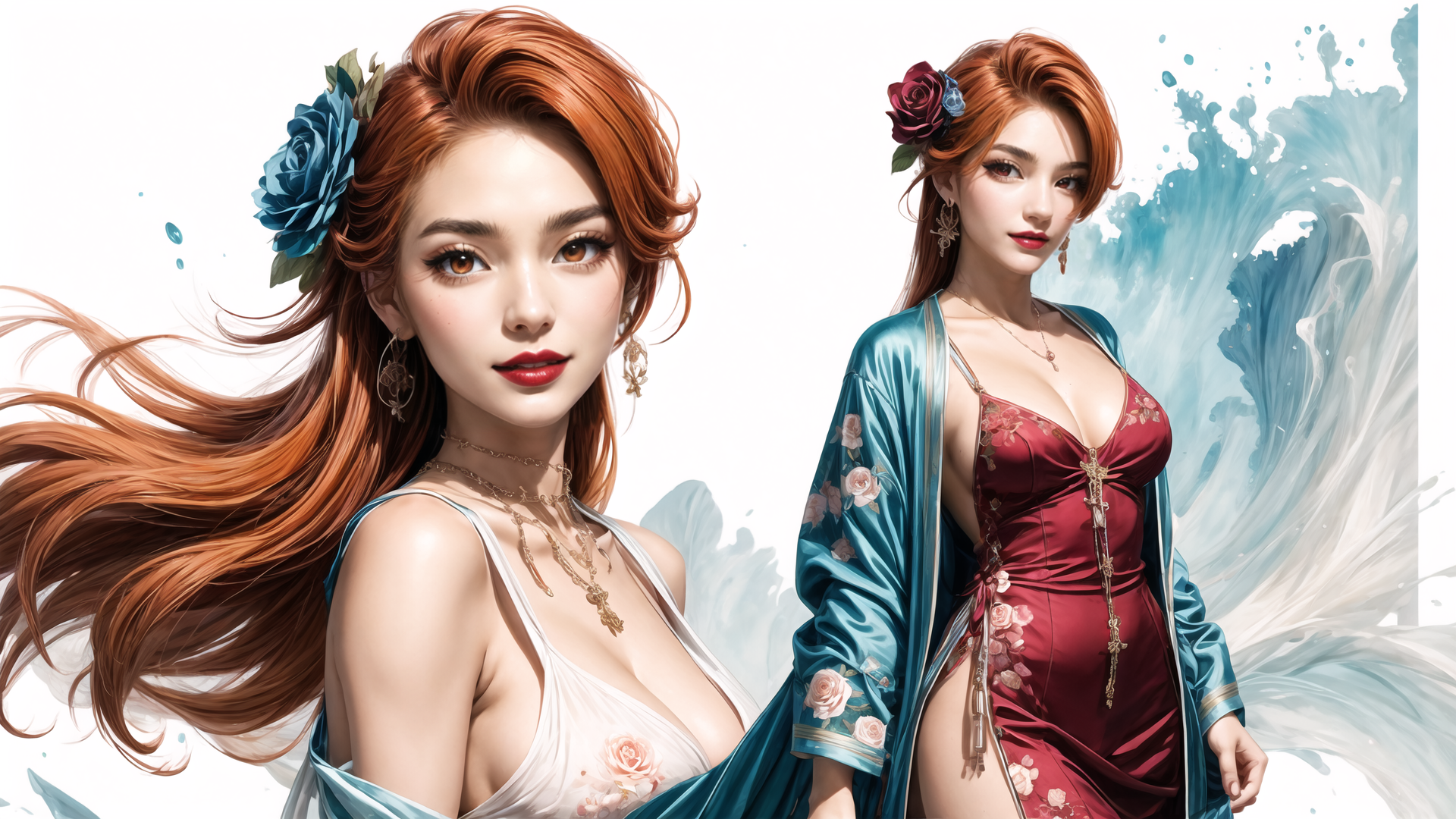 AI generated wallpaper featuring woman, red hair, flower, dress, jewelry, silk, rose, watercolor