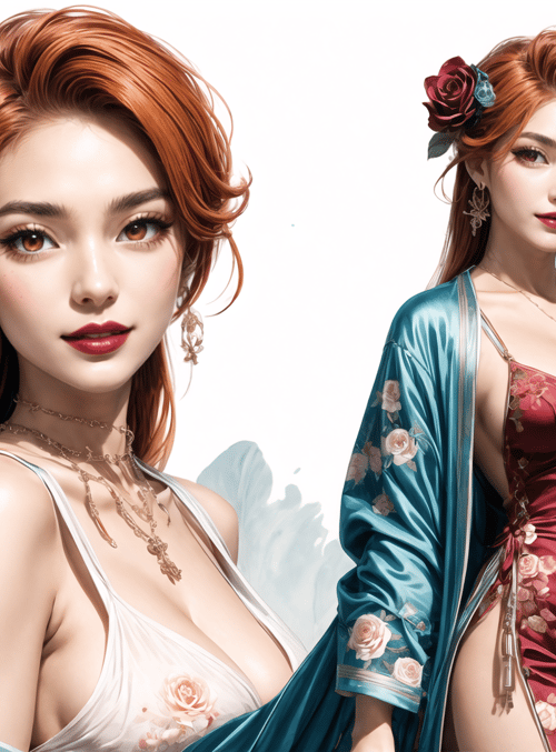woman, red hair, flower, dress, jewelry, silk, rose, watercolor