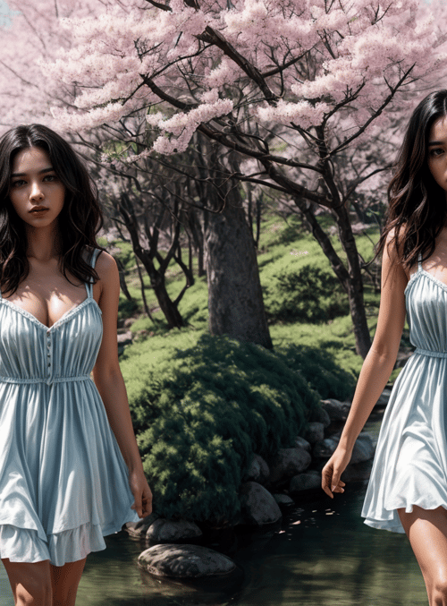 women, cherry blossoms, river