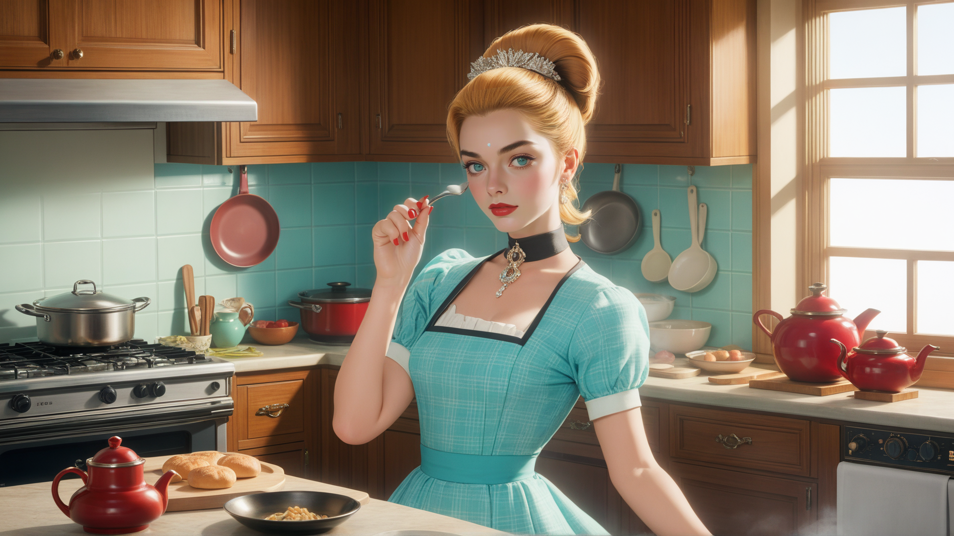 AI generated wallpaper featuring woman, kitchen, dress