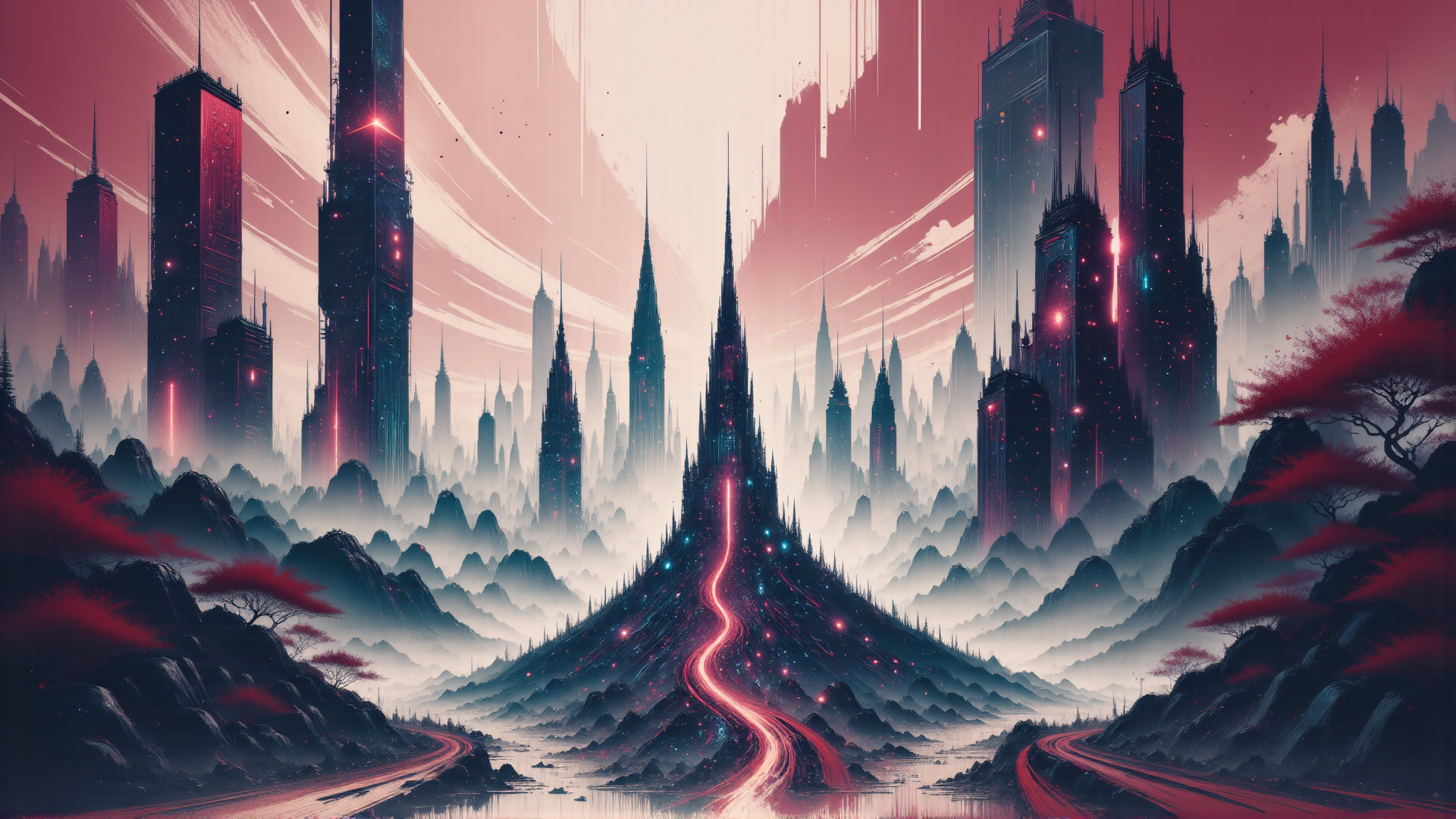 AI generated wallpaper featuring cityscape, skyscrapers, mountains, road, trees, buildings, structures, landscape, neon, glowing