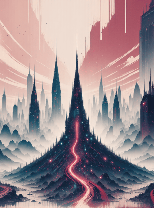 cityscape, skyscrapers, mountains, road, trees, buildings, structures, landscape, neon, glowing
