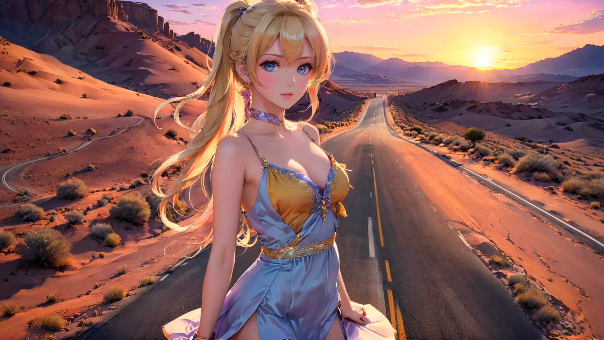 AI generated wallpaper featuring woman, desert, road