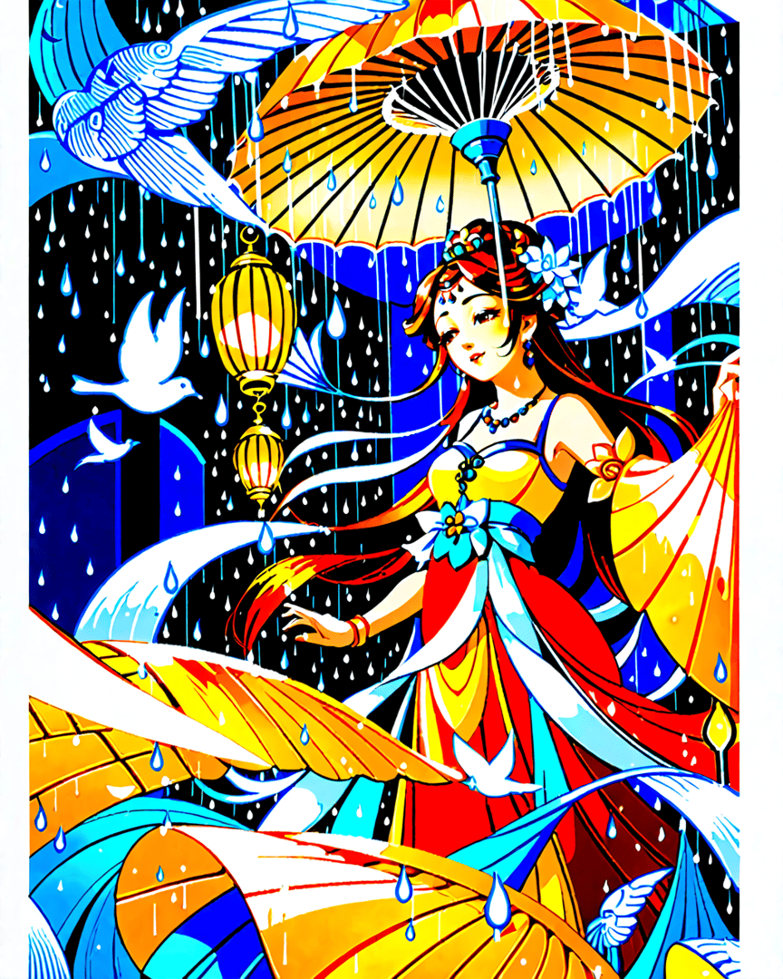 AI generated wallpaper featuring woman, umbrella, bird, lantern, rain, dress, flame, dove