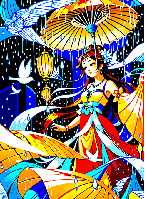 woman, umbrella, bird, lantern, rain, dress, flame, dove
