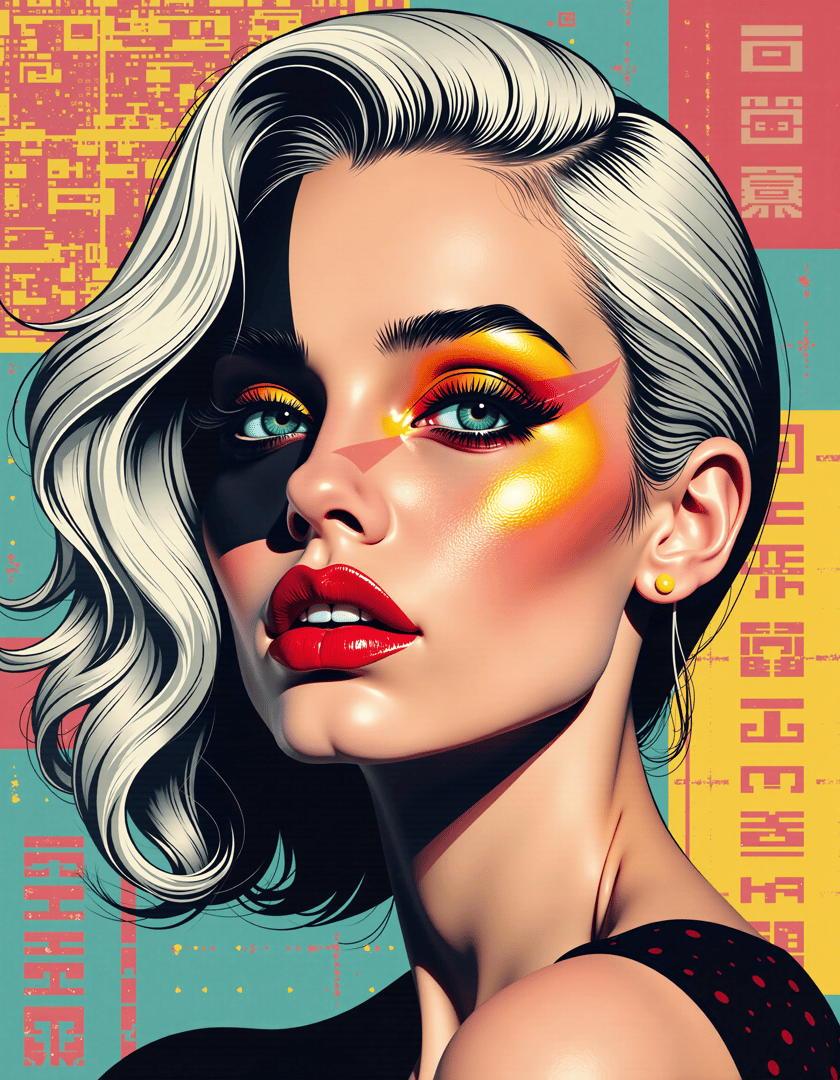 AI generated wallpaper featuring woman, hair, face, lips, ears, shoulders, neck, dress, earrings, eyes