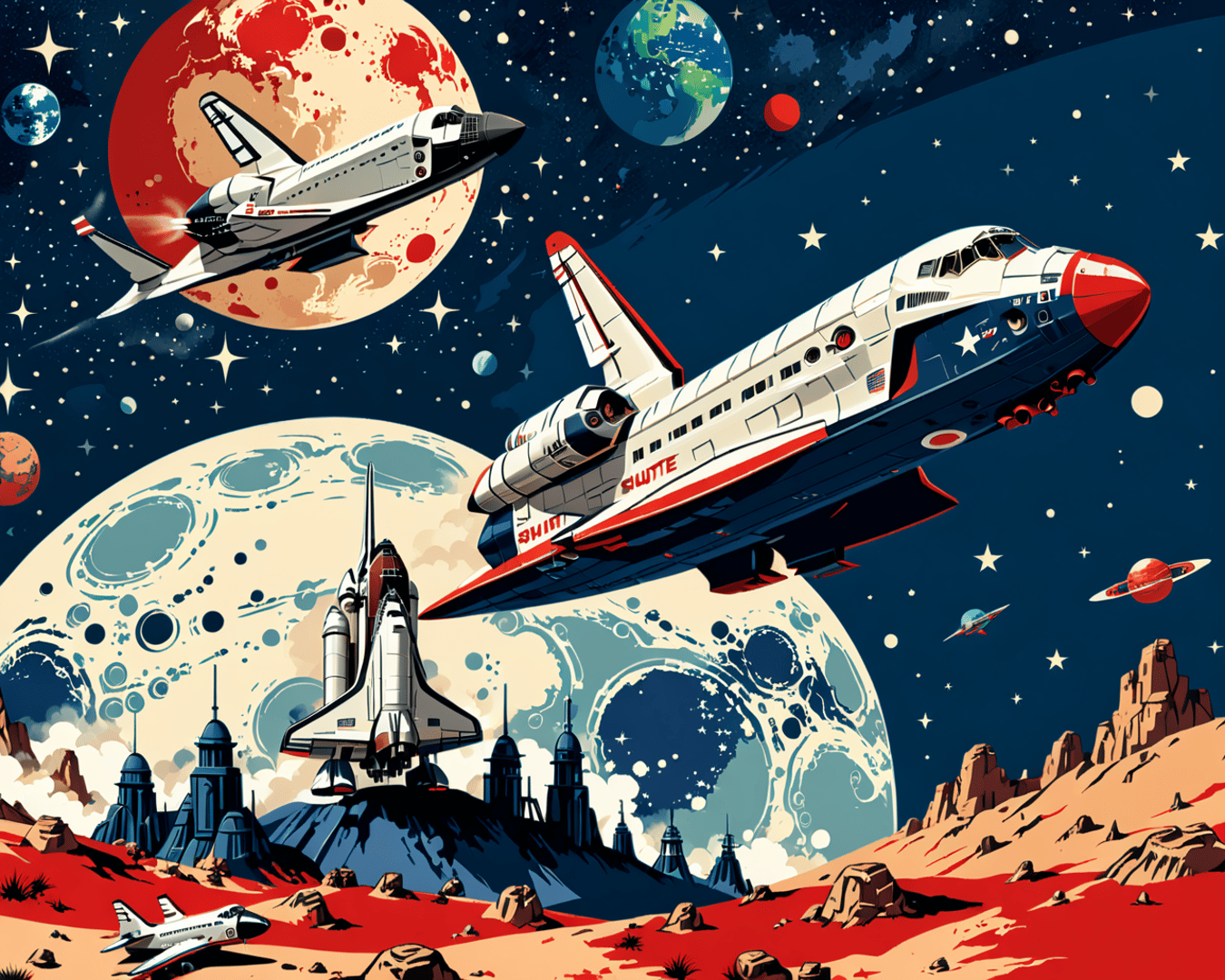 AI generated wallpaper featuring space shuttle, planets, rocky landscape