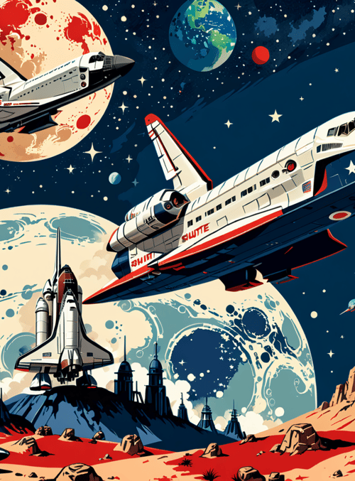 space shuttle, planets, rocky landscape