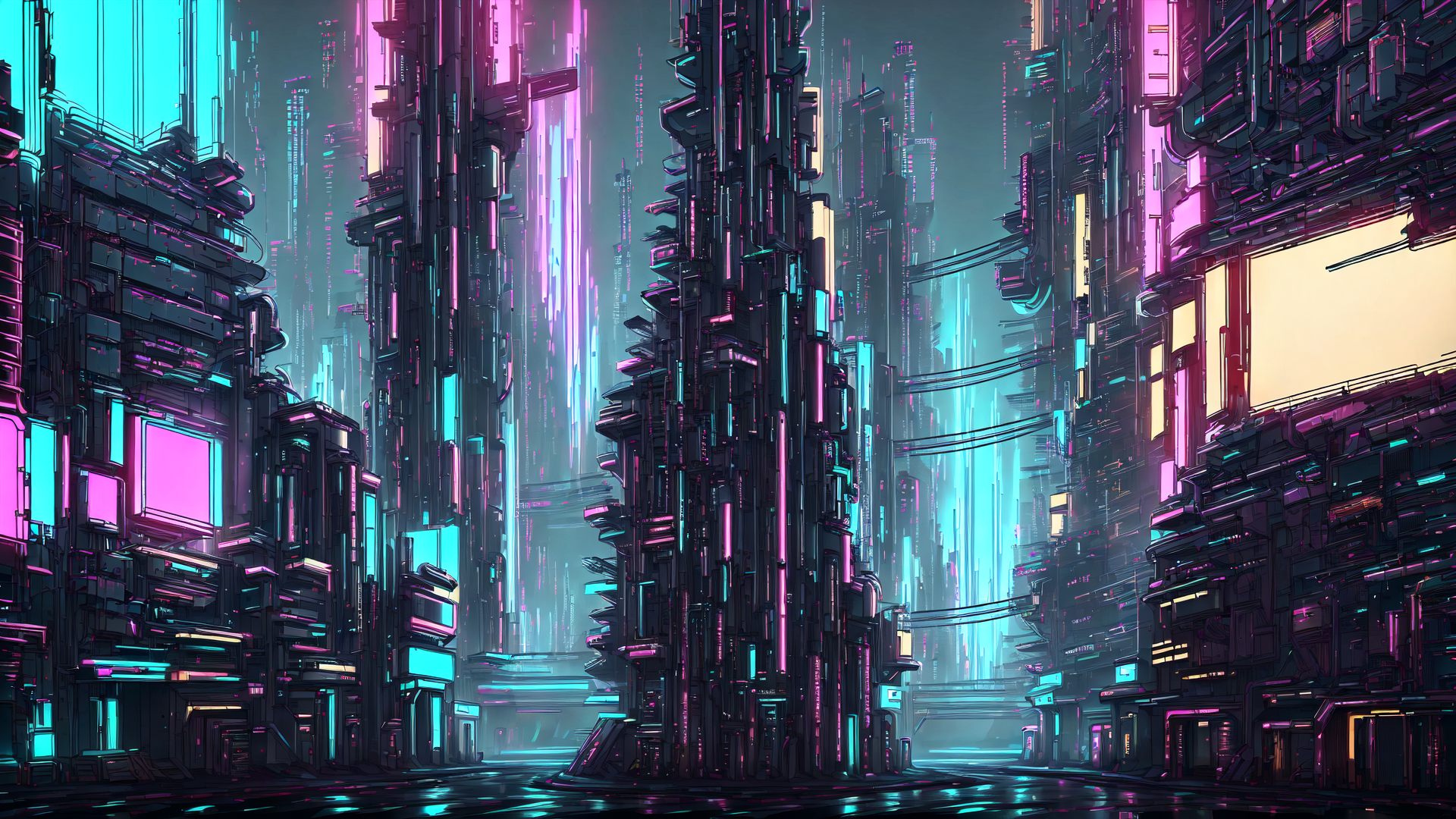 AI generated wallpaper featuring city, buildings, neon