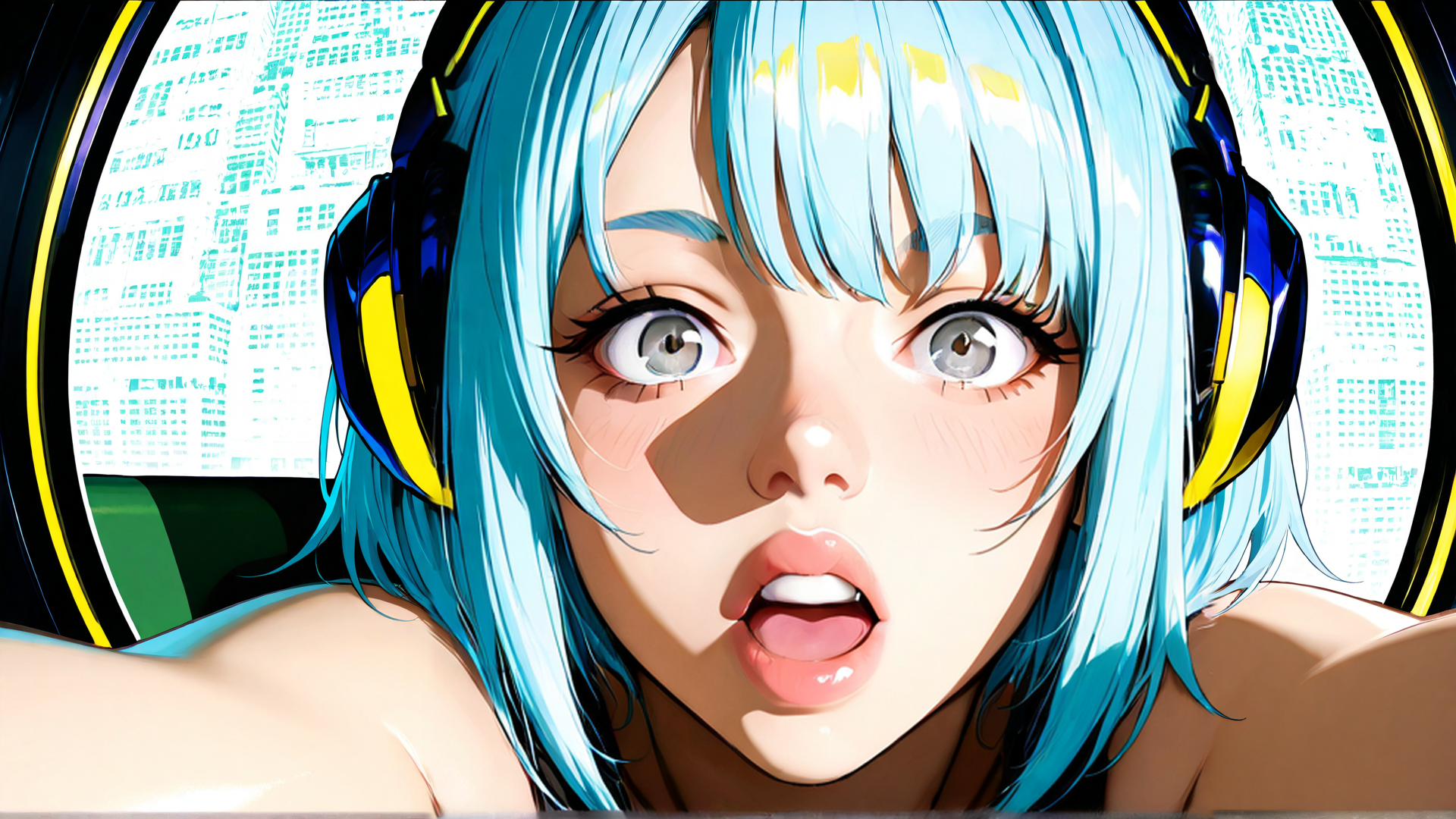 AI generated wallpaper featuring girl, headphones, hair, cityscape, window