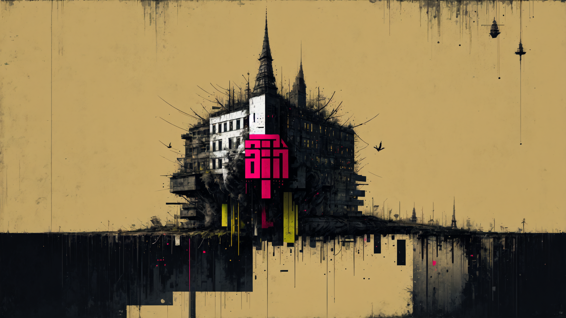 AI generated wallpaper featuring cityscape, building, tower, structure, bird, sky, reflection, flying object, debris, text