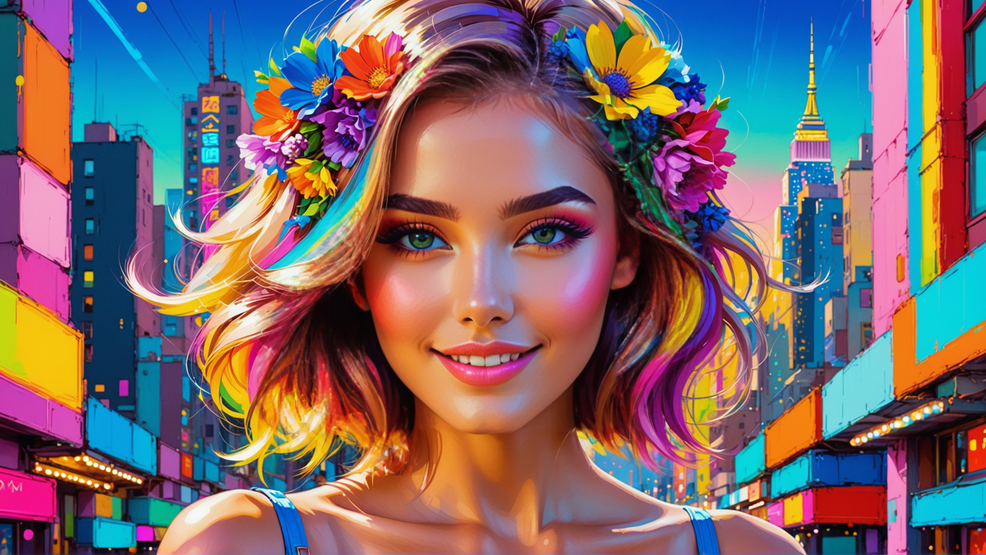 AI generated wallpaper featuring woman, cityscape, flowers