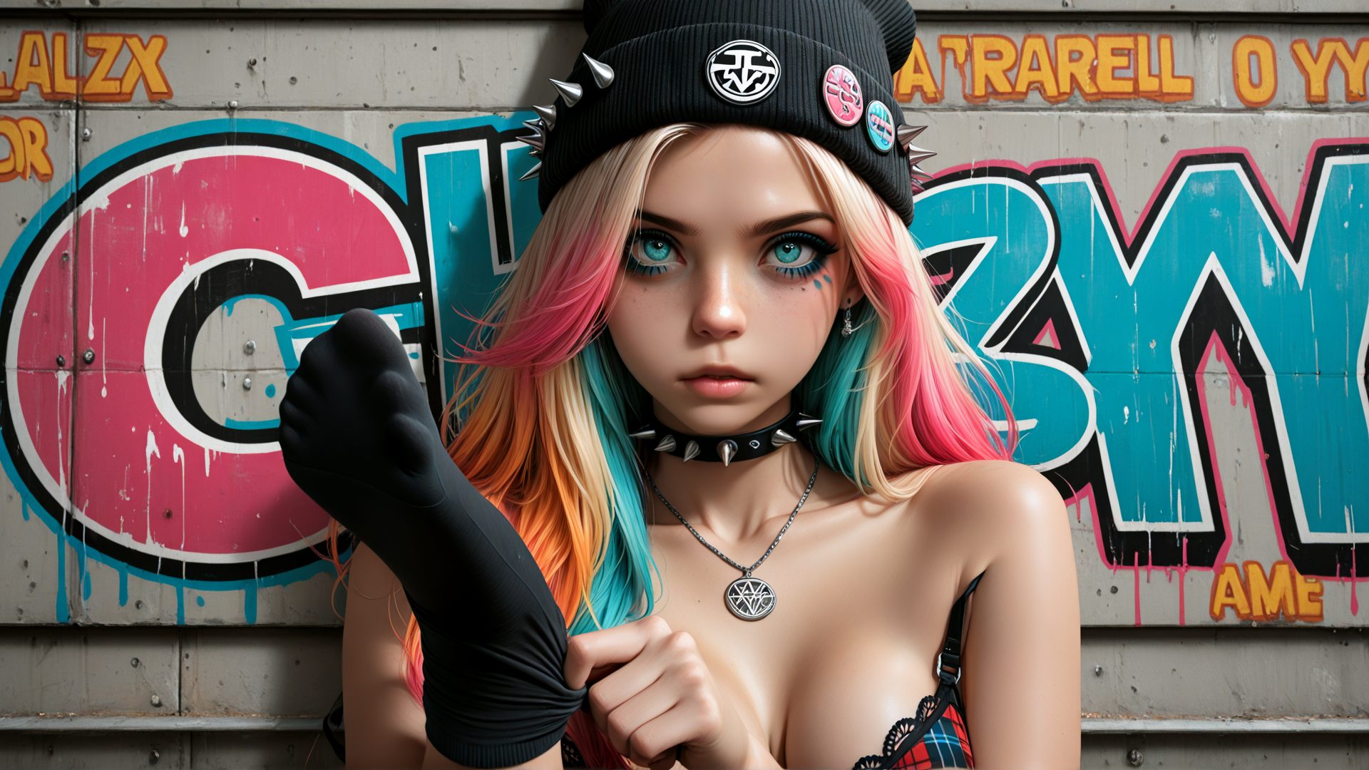 AI generated wallpaper featuring girl, graffiti, beanie, choker, sock