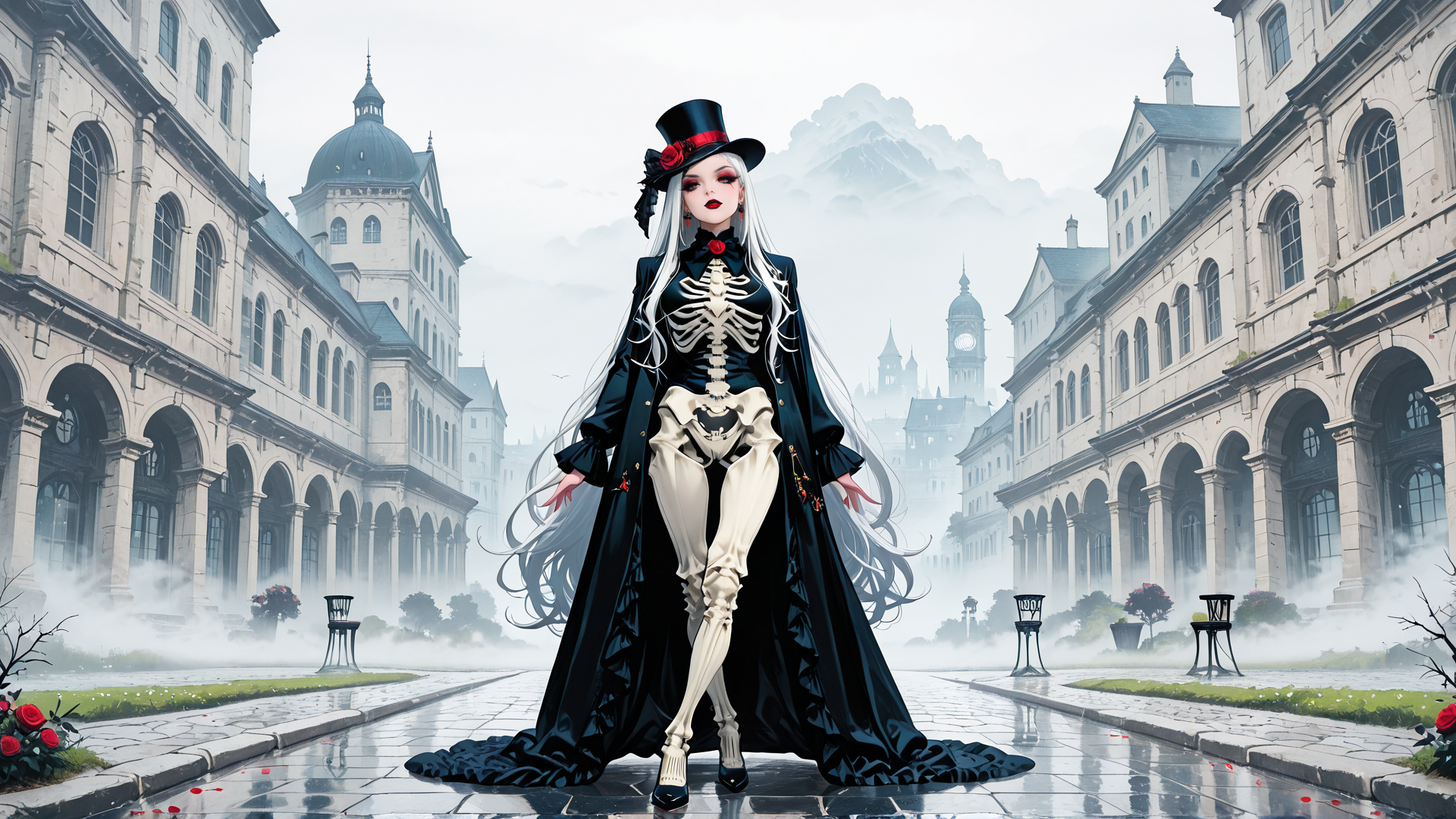 AI generated wallpaper featuring woman, skeleton, top hat, coat, buildings, roses, street, clock tower, fog, mountains
