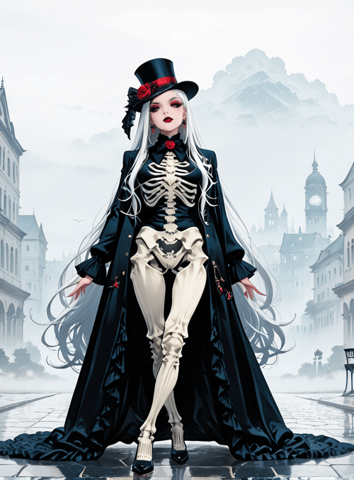 woman, skeleton, top hat, coat, buildings, roses, street, clock tower, fog, mountains