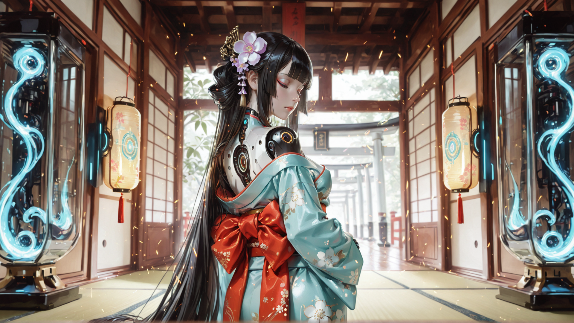 AI generated wallpaper featuring woman, robot, kimono, lantern, corridor, flower, sparks, lantern, circuit, sakura